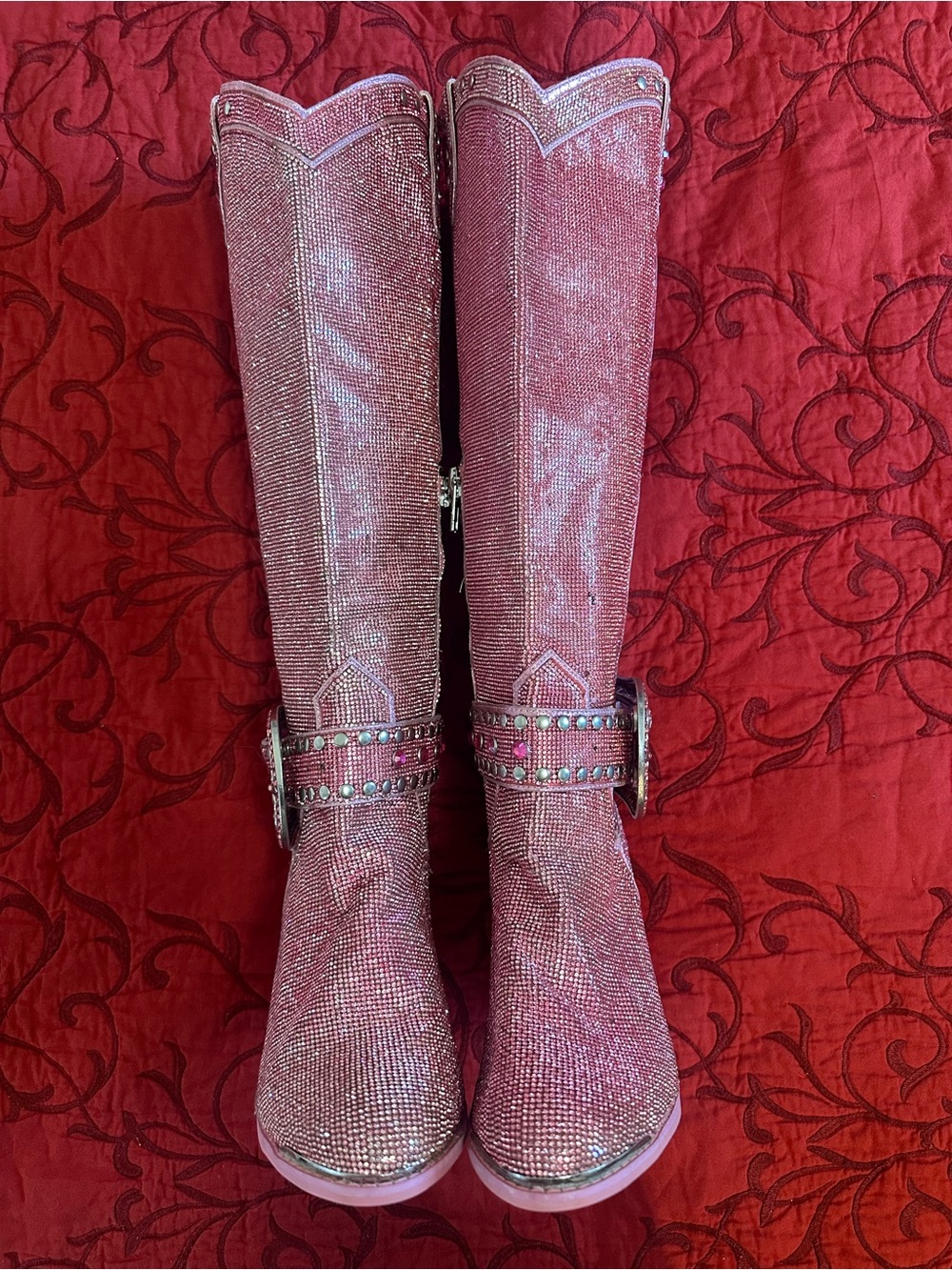 Pink Crystal Embellished Knee-High Cowboy Boots